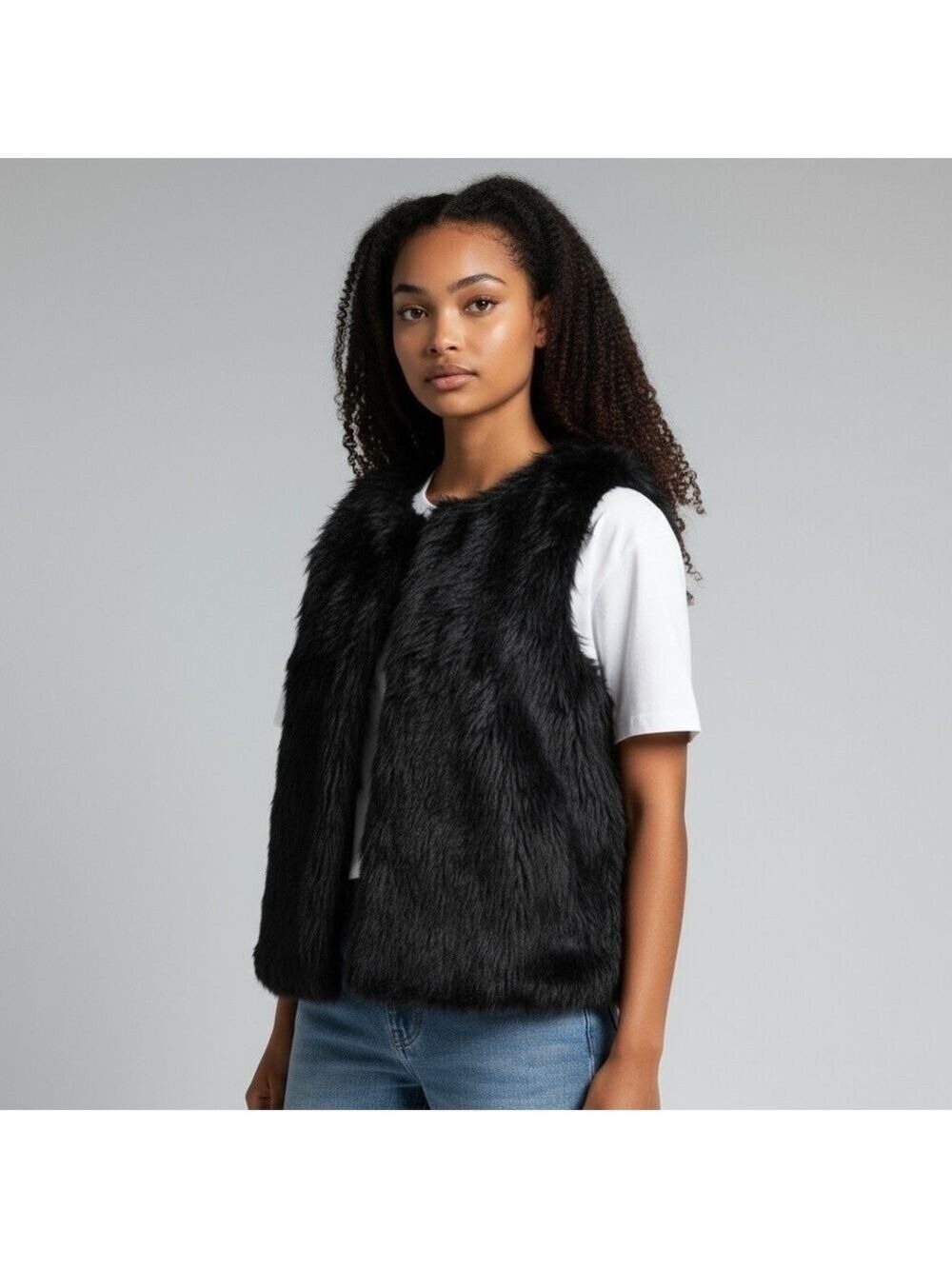 PJK Patterson J. Kincaid Black Shaggy Faux Fur and Faux Leather Vest, Size M/L